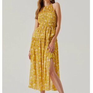 ASTR MARYAM FLORAL TIE NECK TIERED MIDI DRESS XS